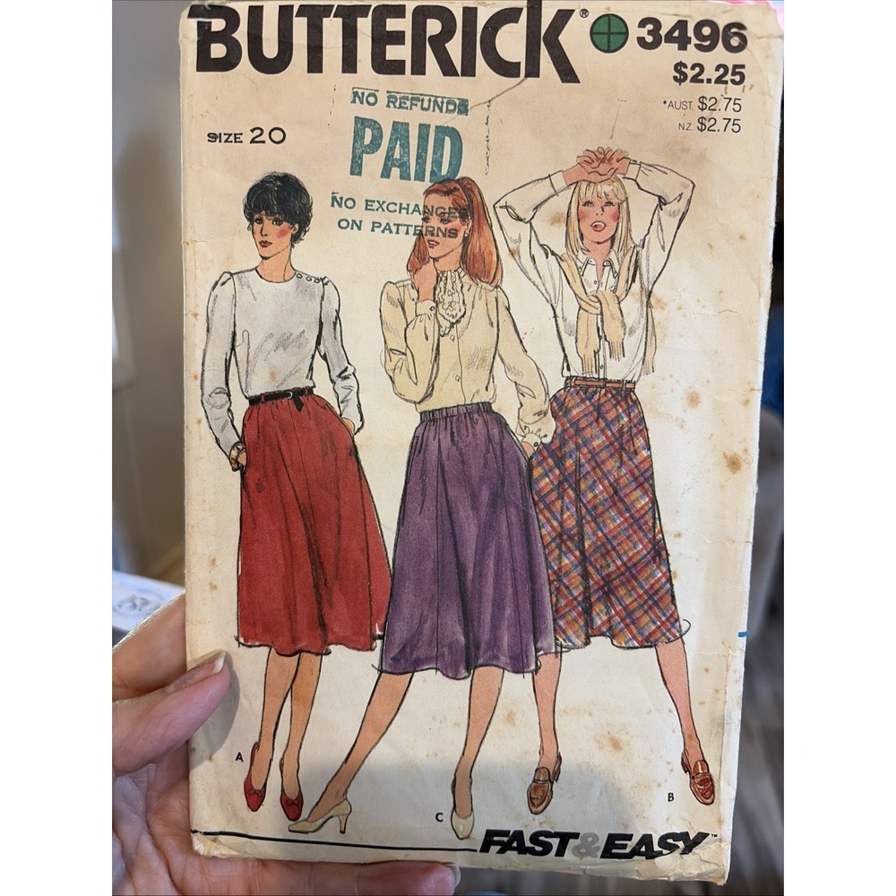 Vintage Butterick Sewing Pattern 3496 Misses Skirts Size 20 Cut Complete